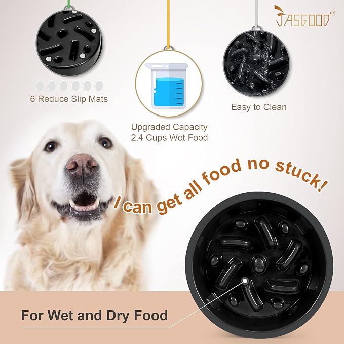 JASGOOD Dog Feeder Slow Eating Pet Bowl for Raised Pet Feeders Preventing Choking Food Water Bowl Elevated Diners Replacement Bowl (Black,Fit Opening 7.5"-8") (Pack of 2)