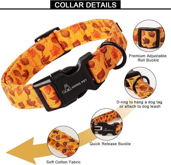 ARING PET Fall Dog Collar, Cute Autumn Maple Leaves Cotton Lightweight Pet Collars with Quick Release Buckle for Puppy Small Medium Large Boy Girl Dogs-S