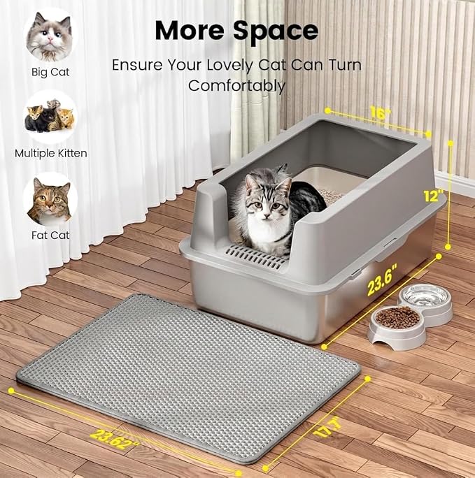 Stainless Steel Cat Litter Box - Enclosed XL Metal Kitty Litter Box with Lid for Big Cats, High Sided, Anti-Leakage, Easy Cleaning, Non-Sticky, Included Litter Mat, Cat Bowl & Spoon