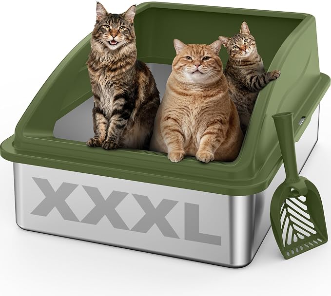 AIPERRO Stainless Steel Litter Box Extra Large for Big Cats and Multi-Cats | Jumbo Extra Large Metal Cat Box High Sided with Lid | Anti-Urine Leakage, Non-Stick & Easy to Clean | Include Litter Scoop