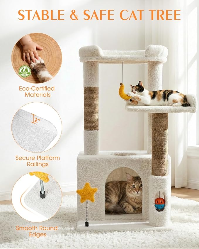 30" Kitten Cat Tower, Compact Beige Cat Tree with Condo & Perch | Plush Finish, Cozy Condo, Soft Top Perch, Sisal Scratching Post, Dangling Ball Toy, Anti-Tip Base, for Cats up to 15 lbs