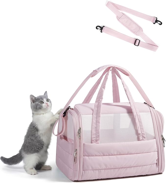 BAGSMART Cat Carrier: Soft-Sided Pet Carrier for Small Medium Cats Dogs Puppy Quilted Collapsible Puffy Travel Bag Up to 20 Lbs Pink