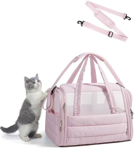 BAGSMART Cat Carrier: Soft-Sided Pet Carrier for Small Medium Cats Dogs Puppy Quilted Collapsible Puffy Travel Bag Up to 20 Lbs Pink