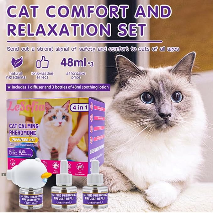 Cat Pheromones Calming Diffuser, 90-Day Cat Calming Diffuser - 1 Diffuser & 3 Refills Top Advantageous Kit Cat Calming Diffuser – Helps Reduce Scratching,Peeing,Hiding Urine,Marking Aggression