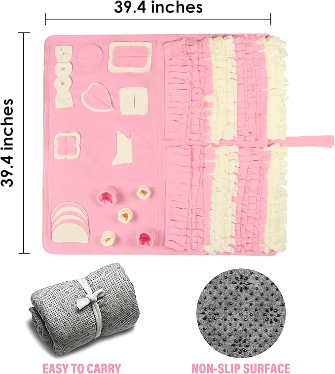 Snuffle Mat for Dogs: Slow Food Interactive Experience - 7 Enrichment Foraging Games for Large Dog Owners Needing to Burn Pet Energy - Washable 1000 Times - 38x38 inch - Pink