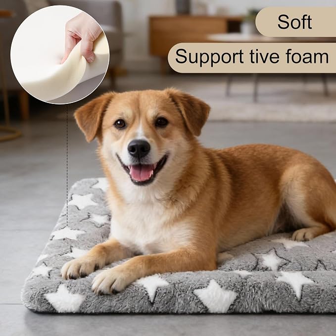 Dog Crate Mat, 4 Piece Reversible Pet Bed, Polyester, Machine Washable, Small Dogs & Cats, Rectangular(Gray Star, 30" L x 20" W x 1.5" Th)