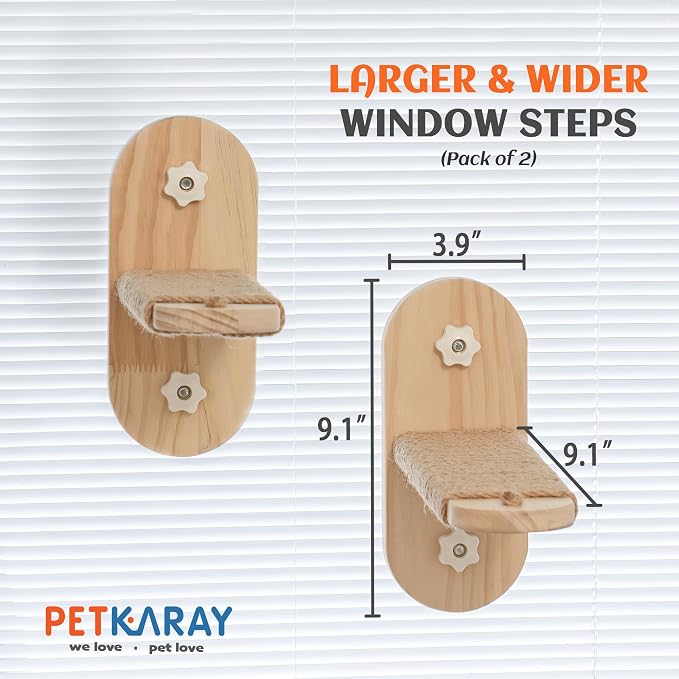 PETKARAY Large Cat Window Shelf, Upgraded Window Stairs for Indoor Cats, Sturdy Wooden Steps with Sisal Surface, Easy Access to Perch & Windowsill, 2 Packs