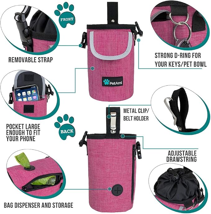 PetAmi Dog Treat Pouch, Large Hands-Free Training Bag, Pink | Built-In Poop Bag Dispenser, Holds 3 Cups Of Treats, 4 Ways to Wear, D-Ring, Reflective Strap, Dog Treat Bag for Walking