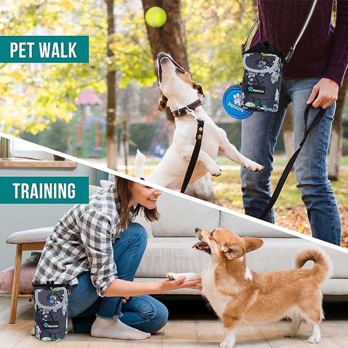 PetAmi Dog Treat Pouch, Large Hands-Free Training Bag, Floral Gray | Built-In Poop Bag Dispenser, Holds 3 Cups Of Treats, 4 Ways to Wear, D-Ring, Reflective Strap, Dog Treat Bag for Walking