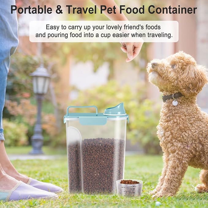 Dog Cat Food Storage Container with Cup (Light Blue, 5L) | Pet Food Pourable Container Airtight with Large Spout, BPA-Free Plastic Food Dispenser for Pet Food, Bird Seed, Rice, Flour