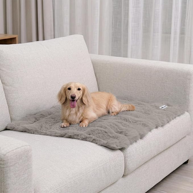 Paw Inspired Waterproof Dog Blanket, Soft Faux Fur Throw with Fur-Resistant Fleece, Washable Pet Blanket, Waterproof Protection for Couch, Bed, Furniture, Crate, Car (32x24, Gray)