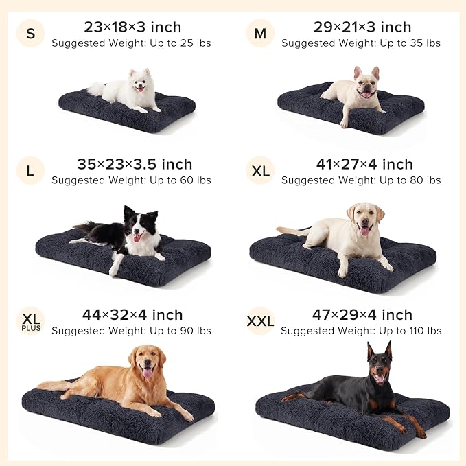 JOEJOY Dog Bed Crate Pad, Deluxe Plush Washable Dog Beds Fulffy Soft Kennel Pad Anti-Slip Pet Sleeping Mat for Medium Small Dogs, 29" x 21", Dark Grey