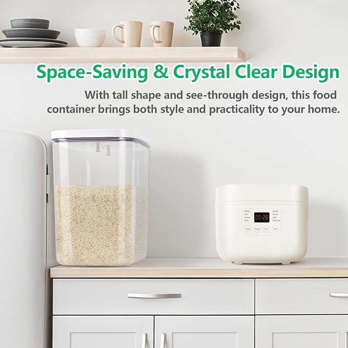 Airtight Rice Container 25 Lbs with Handle and Cup – 12.68Qt Large Flour Sugar Storage Container with Pop Up Seal & Hanging Lid Hooks, Clear Tall Food Storage Bin for Kitchen Pantry Organization