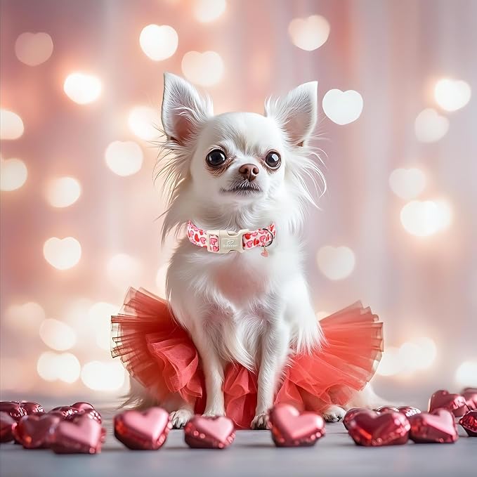 Valentines Dog Collar for Small Dogs - Pink Valentine Hearts Dog Collars, Girly Love Female Dogs Collars, Lightweight Adjustable Cute Puppy Collar with Quick-Release Buckle XS