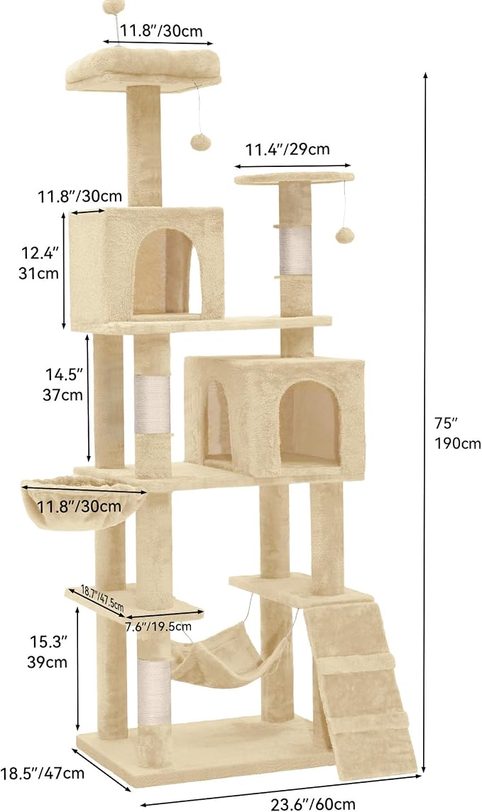 YITAHOME 75 Inch Heavy Duty Cat Trees for Large Cats | Cat Tower Indoor with Scratching Post, Hammock, Cat Condo, Beige