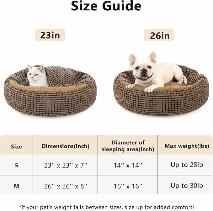 Small Dog Bed with Attached Blanket, Cozy Donut Cuddler Anti-Anxiety Hooded Pet Beds Calming Cave Bed, Orthopedic Round Puppy Beds for Dogs or Cats Washable, Anti-Slip Bottom, 23inch