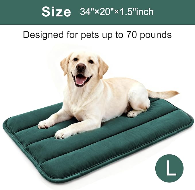 Dog Bed Mat, Reversible Dog Crate Pad with Washable Kennel Mat and Soft Foam, Flat Pet Bed for Dogs & Cats, for Crates Carriers & Travel (Green, 34" L*20" W*1.5" Th)