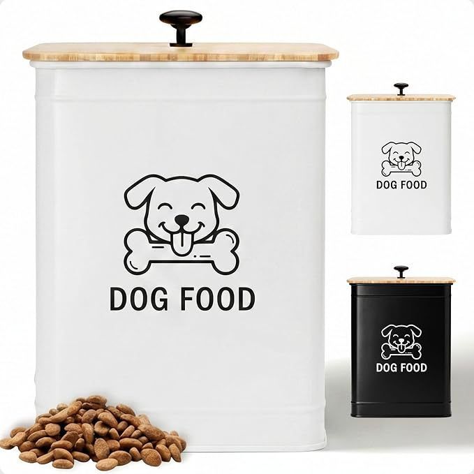 Metal Dog Food Container 5-7lb, 25 Cup w/ Airtight Bamboo Lid, Metal Handle | Pet Jar For Dogs up to 50lbs, Airtight Bamboo Lid, Sturdy Comfortable Metal Handle, Powder Coated Iron, Kibble Storage Bin