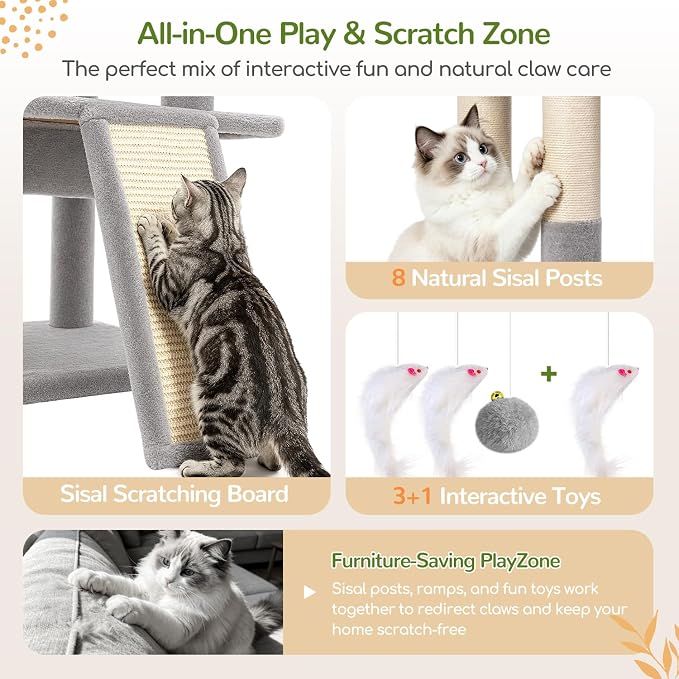 Globlazer 73in Corner Stable Cat Tree for Indoor Cats, C73, Light Grey | Space-Saving Multi-Level Climbing Tower, Large Fan-Shaped Condos & Top Perch, 8 Full-Sisal Posts & Board, Metal Baskets