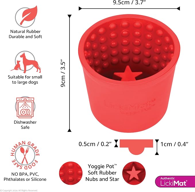 LICKIMAT Yoggie Pot - Distraction, Fun and Enrichment. Long Lasting Rubber Licking Treat Dispenser for All Dog Sizes and Slow Feeder for Small Dogs - Red