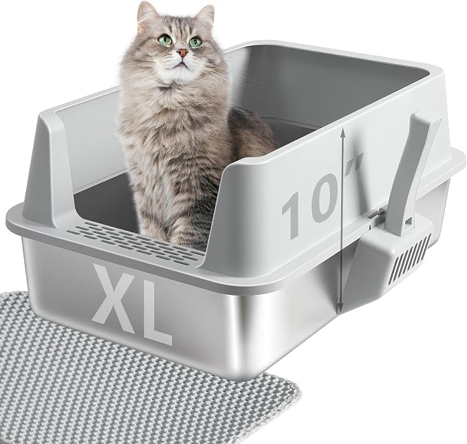 Stainless Steel Cat Litter Box with Lid Large to XL,Metal Litter Box High Sides for Big/Multiple Cats,Open Design,Indoor,1-Mat and 1-Scoop,Easy to Clean, No Odor,Anti-Urine Leakage