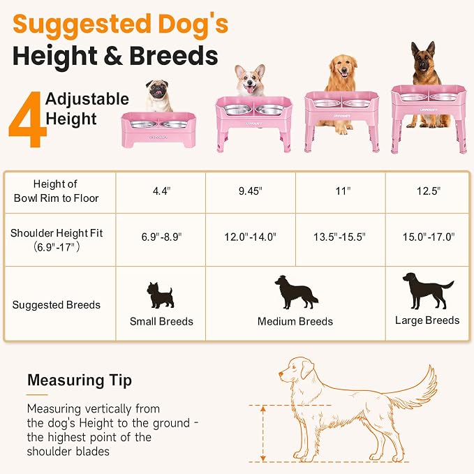 URPOWER 3-in-1 Elevated Dog Bowls - Mess Proof Double Deck 4 Height Adjustable Raised Stand with 2 Stainless Steel Food Bowls & Licking Plate for Small, Medium & Large Dogs