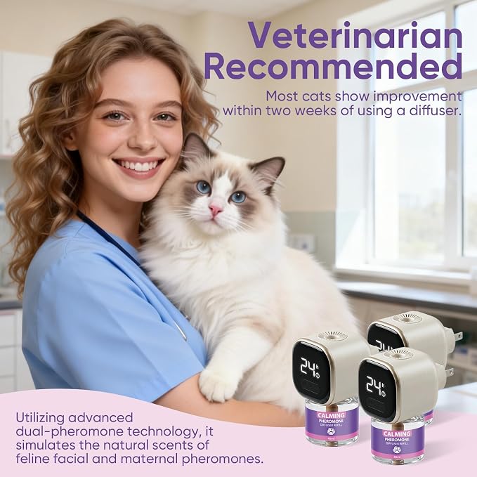 Cat Calming Diffuser Kit with Timer And Memory Adjustable 4/8/12/24H Cat Pheromone Diffuser 3-Pack (48ml Each) Helps Reduce Stress, Spraying, Fighting, Excessive Meowing & Scratching Fits All Cats