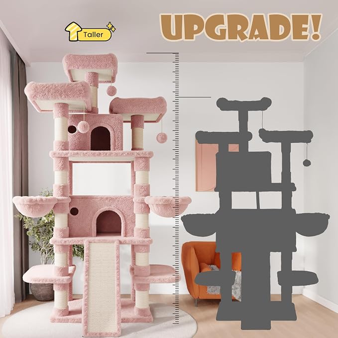 SHA CERLIN 81 Inches Extra Large Cat Tree for Indoor Adult Cats/XXL Big Cat Tower with Condo/Cozy Perches/Sisal Scratching Posts and Hammocks/Activity Center/F80/Heavy Duty/Pink