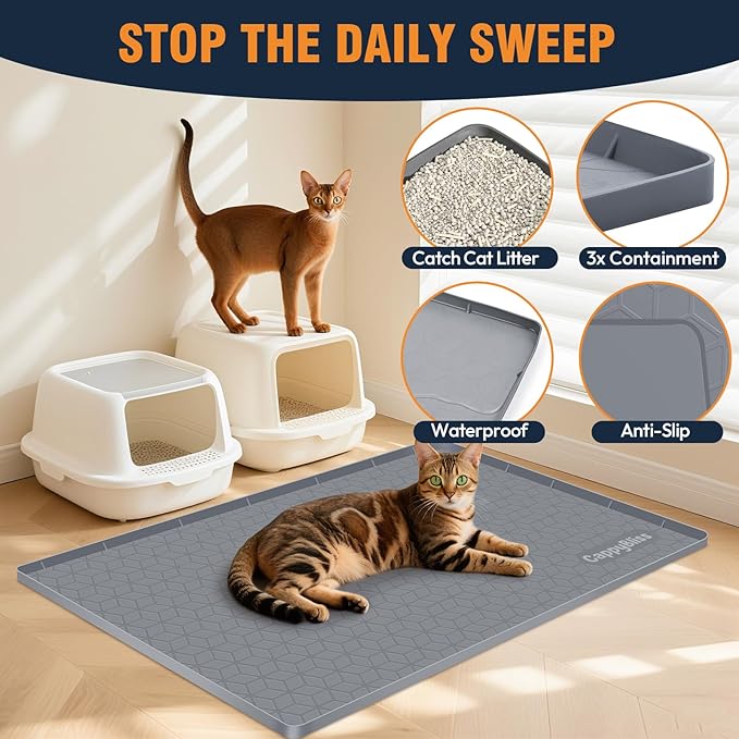Cat Litter Mat, 34"x22" Waterproof Silicone, Litter Trapping | Large Size, Non-Slip Floor Pad, Easy to Clean, Indoor Cats, for Litter Box, Traps Litter & Dirt, Blue