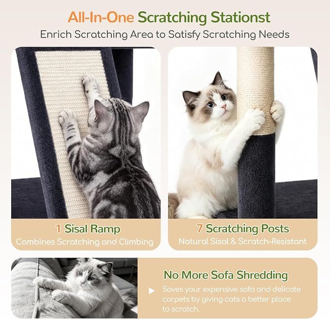 Globlazer 84in Extra Tall Cat Tree Tower for Indoor Large Cats 20lbs, F84G | Multi-Level Big Climbing Tower, 7 Scratching Post & Board, 2 Padded Cat Condos, 2 Soft Perches, 2 Sturdy Baskets, Dark Grey