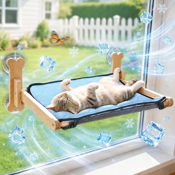 SZEE Cat Window Perch, Cooling Window Cat Bed with Cooling Mat, Foldable Pet Perch Hammock with Sturdy Wooden Frame & Large Suction Cup, with Soft Flannel Plush Backing for All-Season Use