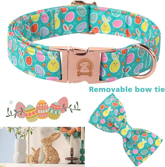 ·MR. CHUBBYFACE· Easter Dog Collar with Bowtie, Eater Bunny Eggs Dog Collars, Soft Durable Adjustable Easter Puppy Pet Collar for Small Medium Large Dog Collar