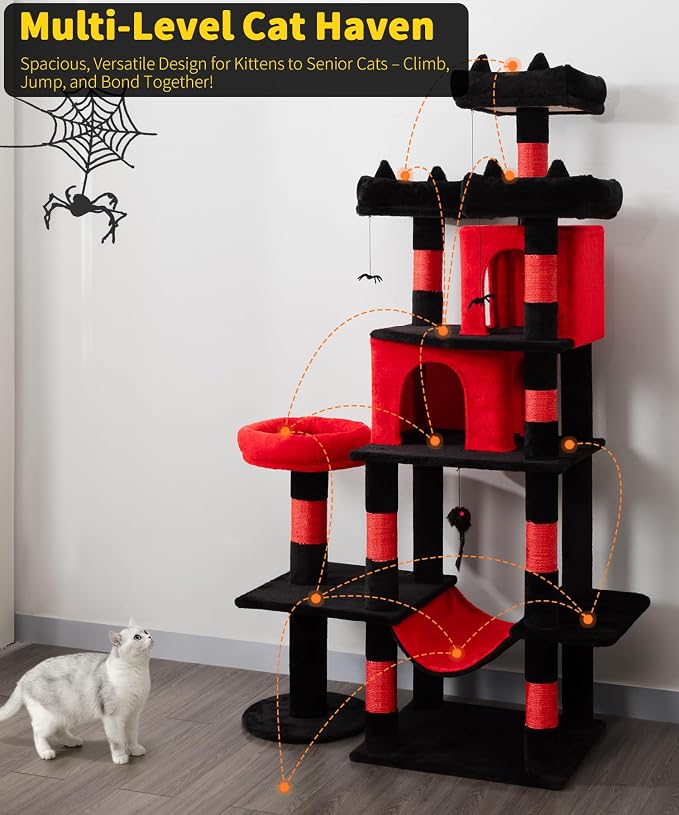 Gothic Cat Tree, 71 Inch Heavy Duty Cat Trees for Large Cats | Tall Cat Tree Tower with Extended Base, 2 Condos, 3 Perches, 9 Sisal Posts & Hammock for Indoor Adult Cats, Black Red