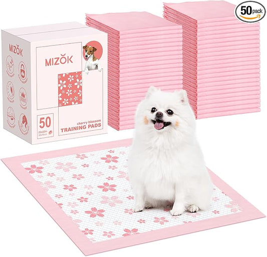 MIZOK Puppy Pads Pink 22x22in, Quick-Dry Puppy Training Pads with Pheromone Attractant, Decorative Cherry Blossom 6-Layer Heavy Duty Leak-Proof Pet Pads, Disposable (50 Count)