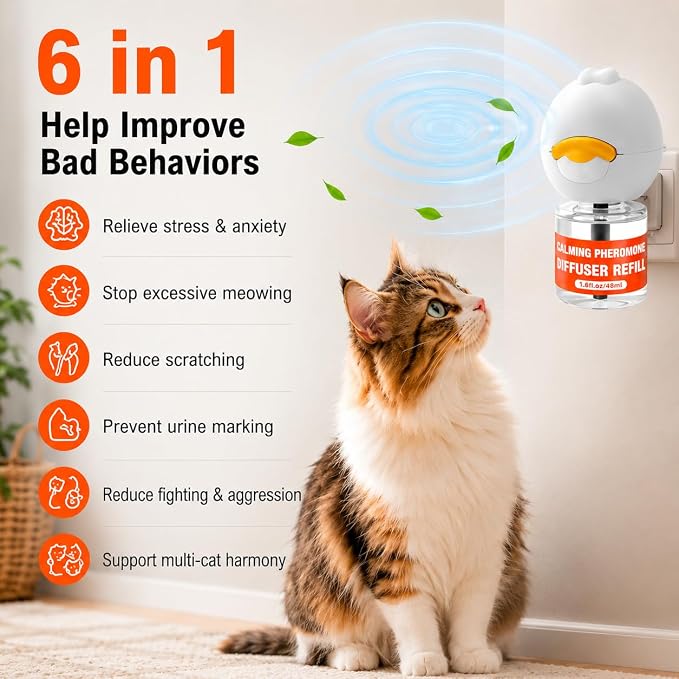Cat Calming Diffuser - 6 in 1 Kit Cat Pheromones Calming Diffuser for Anxiety Relief, Stress, Excessive Meowing & Scratching, 120 Day Supply 2 Plug in + 4 Pack 48ml Refill (Tasteless)