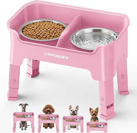 URPOWER Mess Proof Elevated Dog Bowls 4 Height Adjustable Raised Bowl Stand with 2 Stainless Steel Dog Bowls Non-Slip Food and Water Bowl Set for Small Dogs, Pink