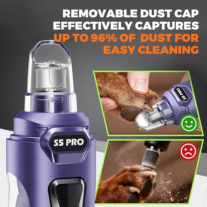 Whisper Quiet Dog Nail Grinder Safe & Stress-Free for Sensitive Dogs Cats | 4 LED Lights,3 Grinding Bits, 3-Speed, Pet Nail Trimmers, Rechargeable Painless Grooming Kit for All Breeds & Sizes