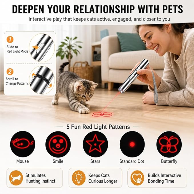 Cat Interactive Light Toy, 3 Light Modes & 5 Fun Patterns, USB Rechargeable Pointer for Cats/Dogs/Birds, 20-Min Fast Charge, Stainless Steel Portable Cat Chaser Toy with RingwormDetector & Flashlight