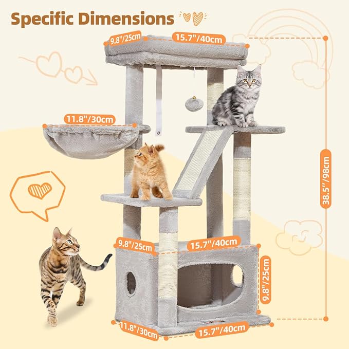 Taoqimiao Cat Tree, 38.5In Cat Tower for Indoor Cats, Suitable for Kittens | Thick Padded Top Perch, Luxurious Cat Condo, Adjustable Basket, 1-Piece Ramp Scratcher, 3 Sisal Posts, Light Gray, MS029SW
