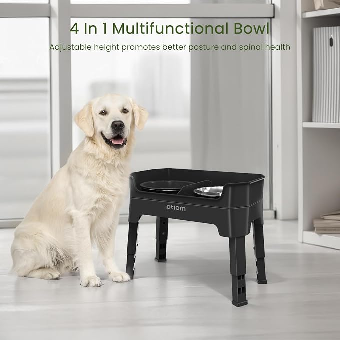 4-in-1 Elevated Slow Feeder Dog Bowls, 4 Height Adjustable Mess Proof Raised Dog Bowl Stand with Licking Plate, 2 Stainless Steel Dog Food Bowl & Slow Feeder for Large Medium Small Dogs Pets