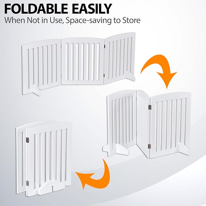 Dog Gate 61 x 24 Inch Freestanding Indoor Pet Door for House Doorways Stairs Halls, Foldable Wood Safety Fence 3 Panels, White