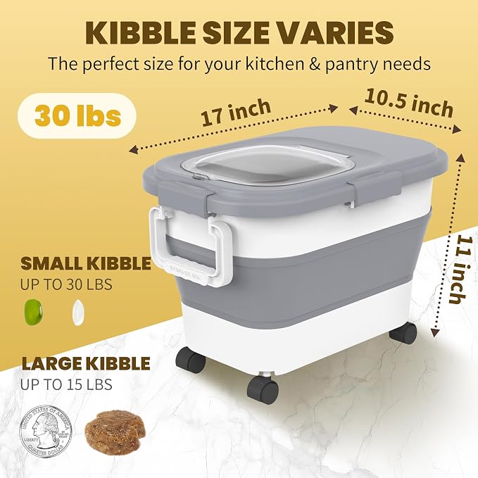 HOYTAMDAR 20-30Lbs Collapsible Rice Container,Food Storage container | Rice Storage Container with Airtight Lid,Rolling Wheels,Small Bin & Measuring Scoop,Rice Dispenser for Pet Food Rice Flour