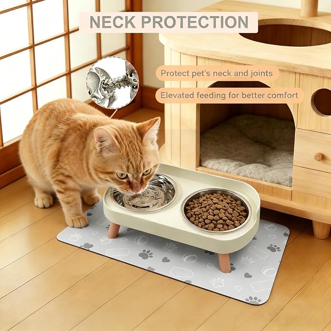 Elevated Dog Bowl, Raised Feeding Stand with Mat for Small Dogs Under 25 Lb | 2 Stainless Steel Pet Raised Bowls for Cats and Puppies, Splash Proof, Dishwasher Safe, with Stain-Resistant Quick-Dry Mat