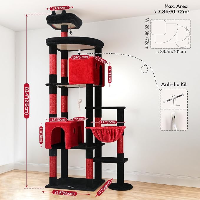 Globlazer Gothic Giant Cat Tree for Indoor Large Cat, 83in, F83, Blood-Goth | XXL Cat Tower with 9 Scratching Posts for 20lb+ Heavy Duty Large Adult Cats