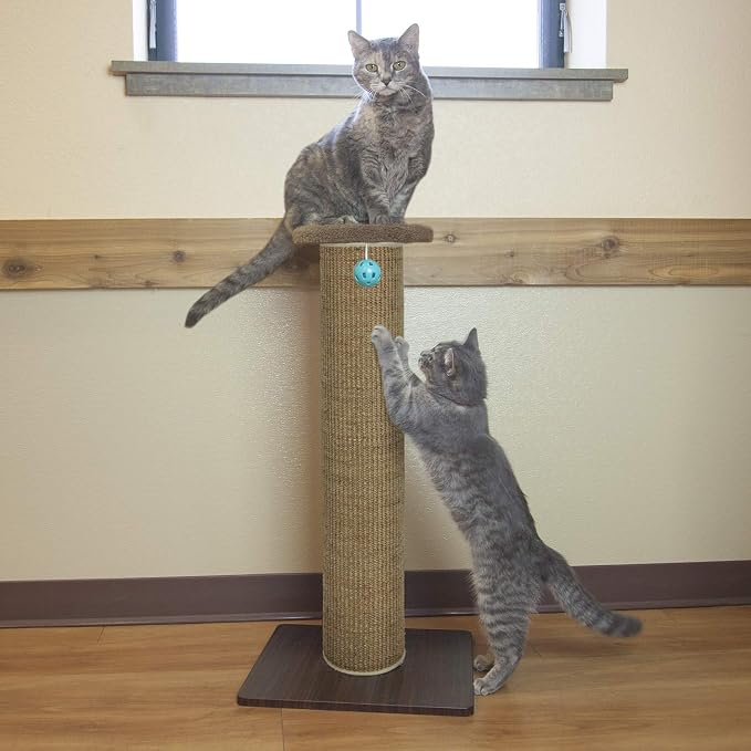 Kitty City Tall Sisal Cat Scratching Post, 32” Durable Scratcher with Sturdy Base & Hanging Jingle Toy, Easy Assembly, Furniture Protection for Indoor Cats - Brown
