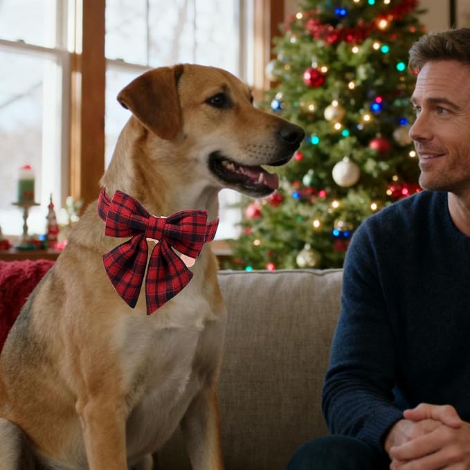 DOGWONG Christmas Dog Collar with Sailor Bow Tie, Red Plaid Dog Collar Durable Metal Buckle Adjustable Red Gingham Dogs Collars for Small Medium Large Dogs, L
