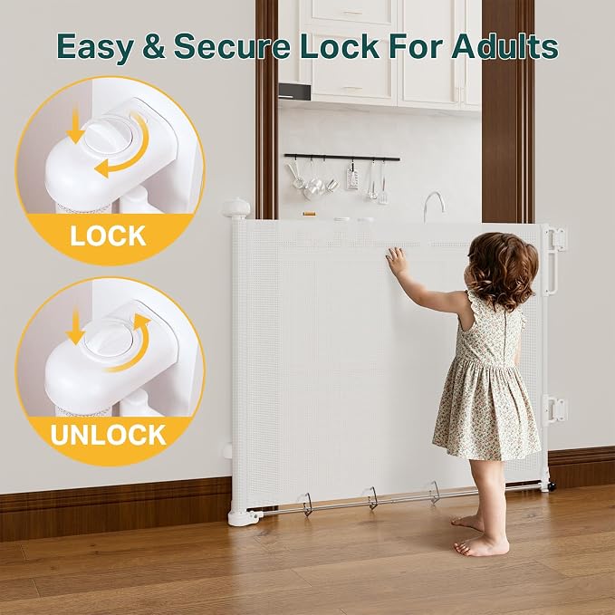 Cumbor 27-40" Retractable Baby Gates for Stairs & Doorways, Hardware Mounted Mesh Dog & Pet Gate, Easy Walk Through, One-Hand Operation, Anti-Crawl Adjustable Safety Gate for Dog, Indoor Outdoor White