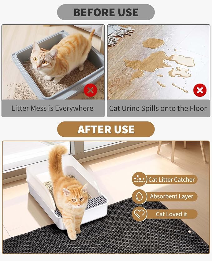 Fostanfly Cat Litter Mat, Machine Washable, Extra Large XL 45"x27", Black | Kitty Litter Trapping Mat, Urine & Waterproof, Double Layer Design, Honeycomb Scatter Control- Easy Clean for Floor