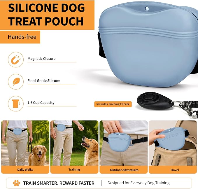Silicone Dog Treat Pouch with Training Clicker | Upgraded Magnetic Closure, 1.6 Cup Capacity, Food-Grade Silicone, Easy Cleaning, Adjustable Belt for Training and Walking