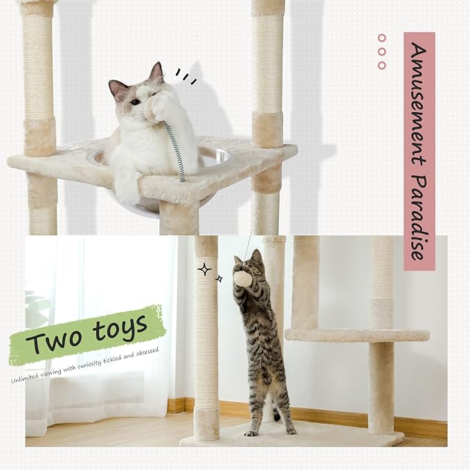 PEQULTI Floor to Ceiling Cat Tree, 92.9-101.6in Adjustable Cat Tower, Beige | Adjustable tower braces floor to ceiling; cozy condo, large hammock, perches & 9 sisal posts on fan base with anti-tip strap